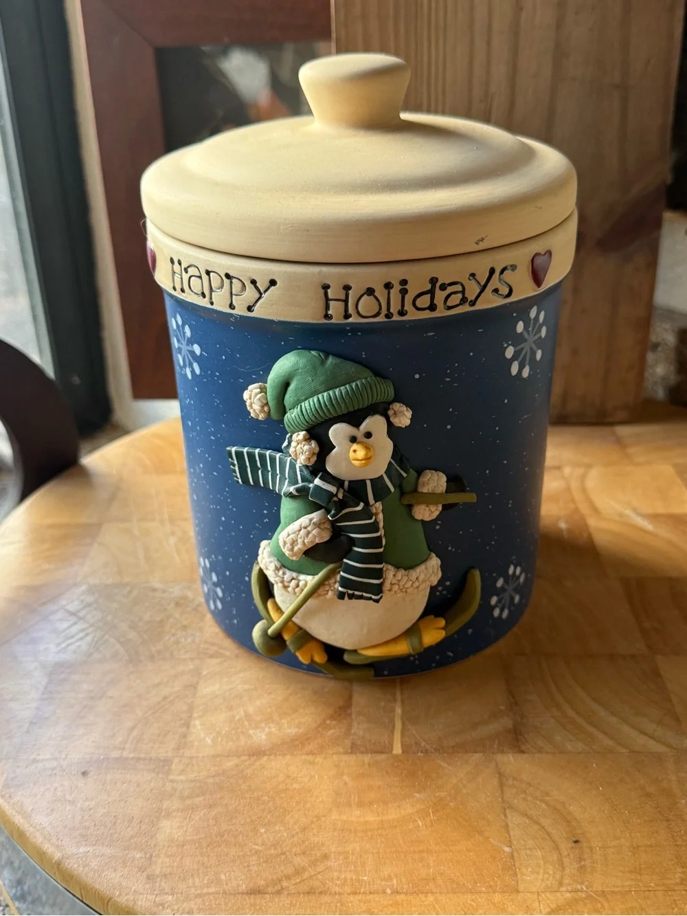 Vintage Happy Holidays Christmas Cookie Canister | Santa, Penguin & Snowman
